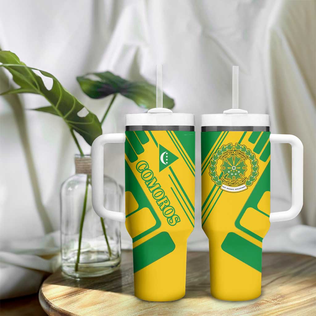 Comoros Flag Tumbler With Handle - Green and Yellow Design and National Emblem TS04
