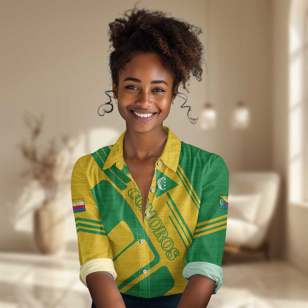 Comoros Flag Women Casual Shirt - Green and Yellow Design and National Emblem TS04