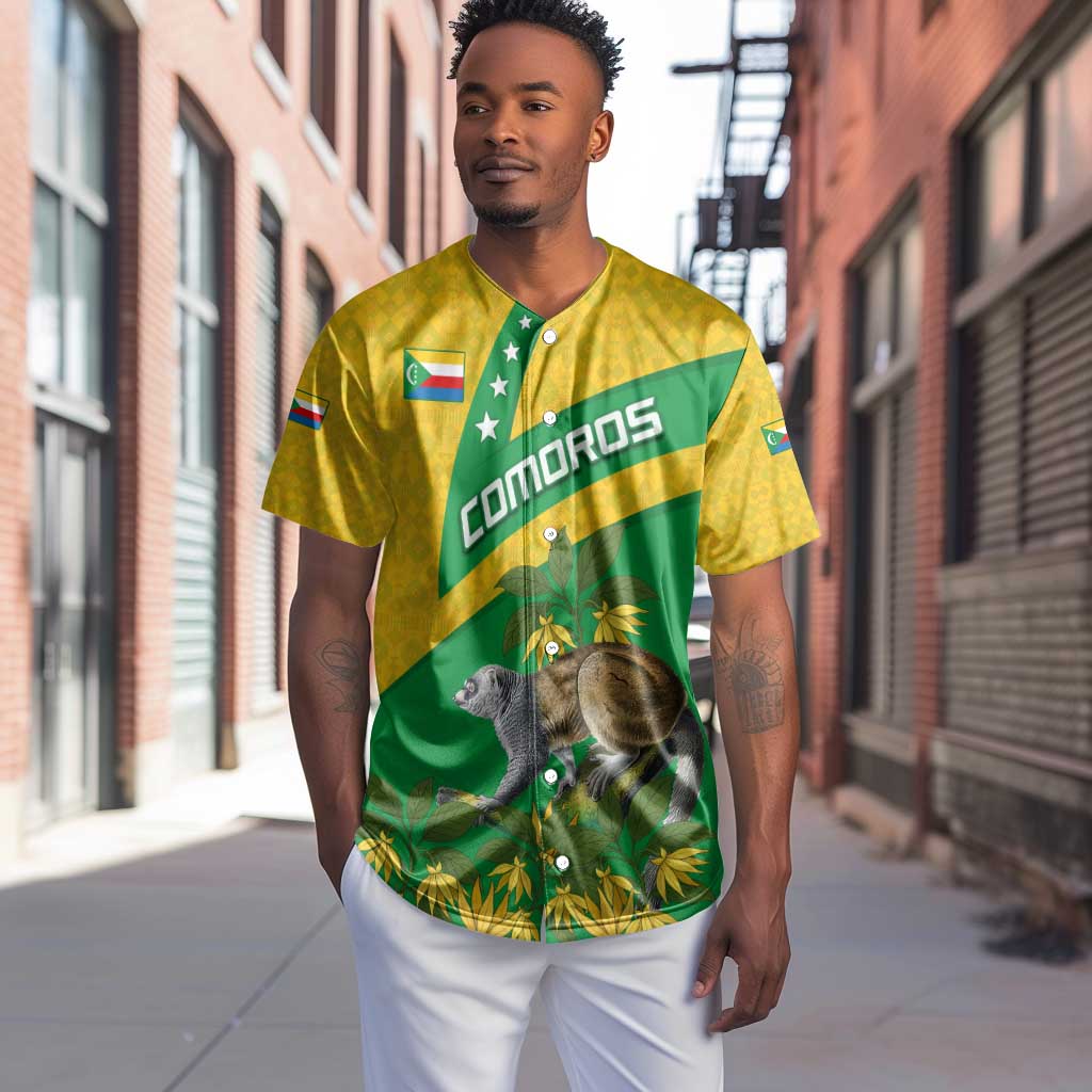 Comoros Baseball Jersey - National Flag Lemur Design and Ylang Ylang Flower Pattern TS04