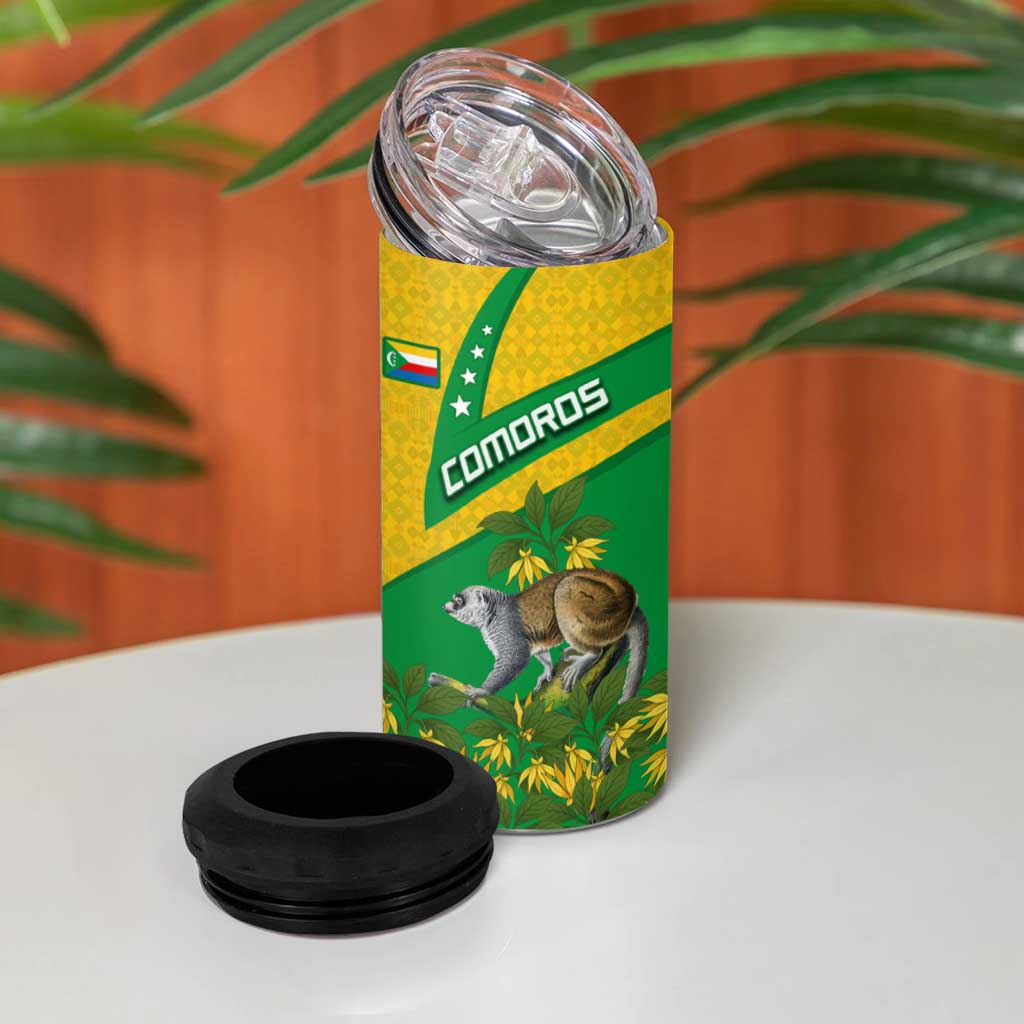 Comoros 4 in 1 Can Cooler Tumbler - National Flag Lemur Design and Ylang Ylang Flower Pattern TS04