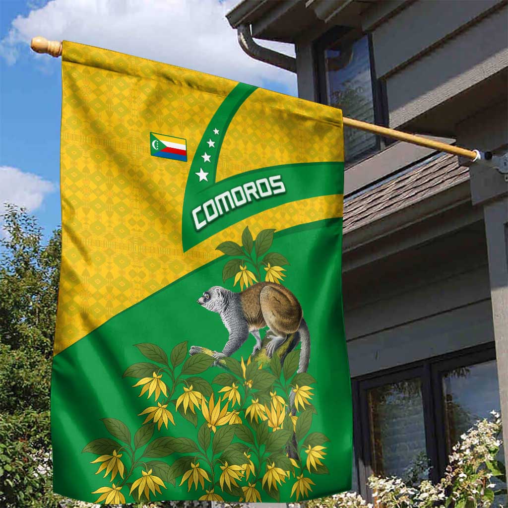 Comoros Garden Flag - National Flag Lemur Design and Ylang Ylang Flower Pattern TS04