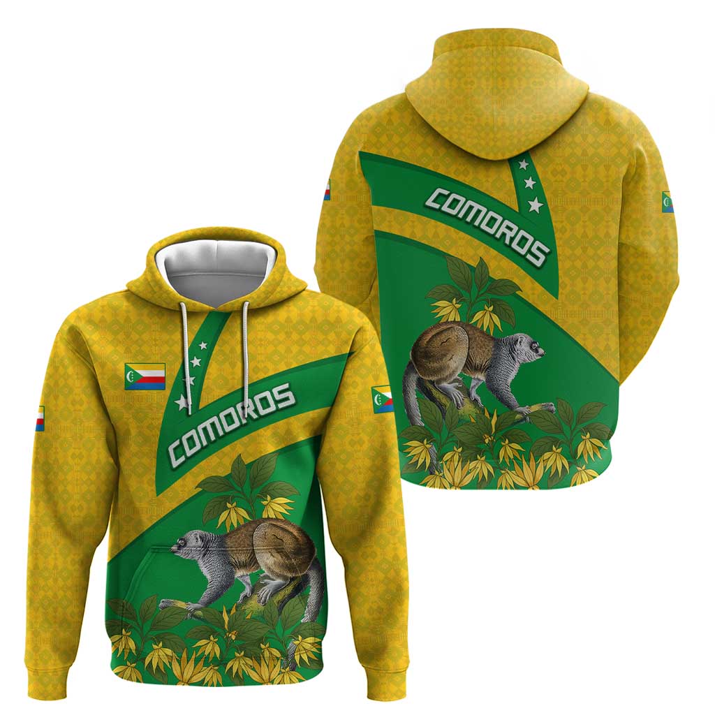 Comoros Hoodie with National Flag Lemur Design and Ylang Ylang Flower Pattern TS04