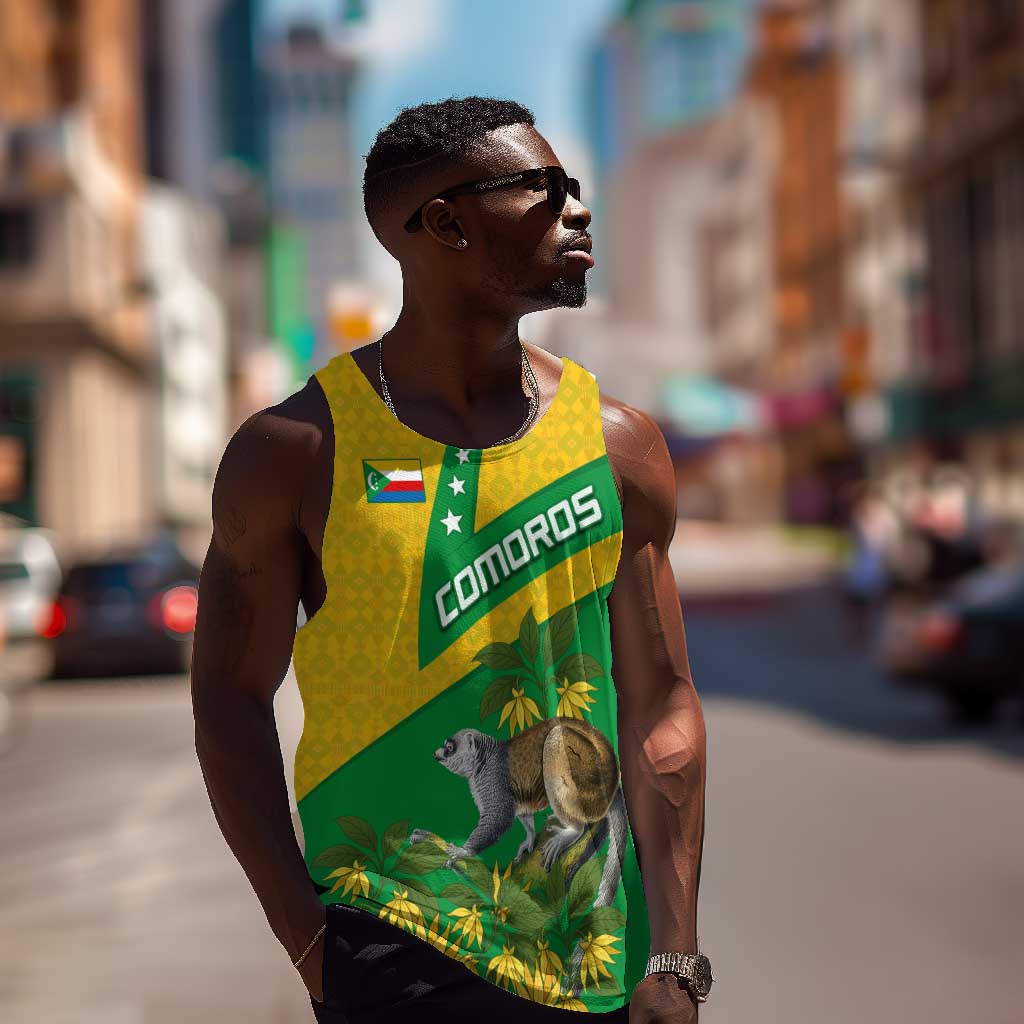 Comoros Men Tank Top - National Flag Lemur Design and Ylang Ylang Flower Pattern TS04