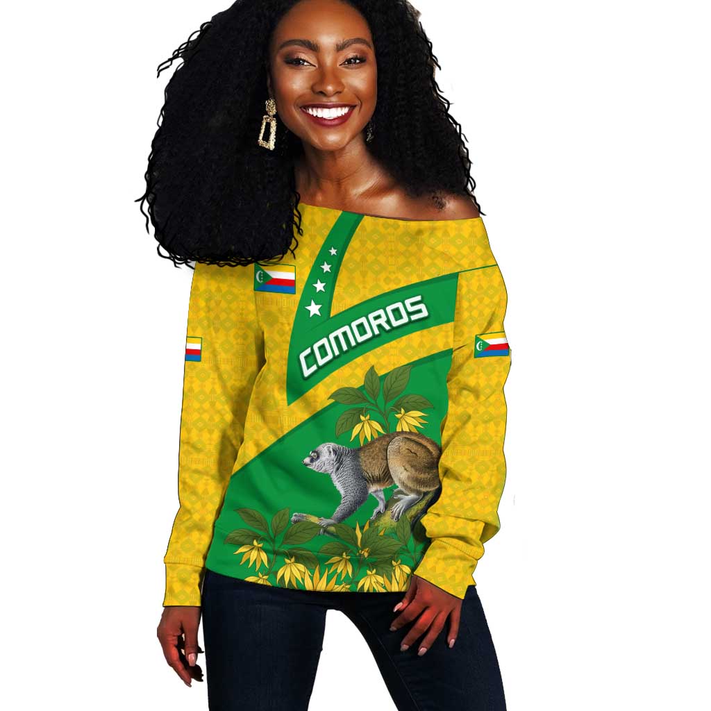 Comoros Off Shoulder Sweater - National Flag Lemur Design and Ylang Ylang Flower Pattern TS04