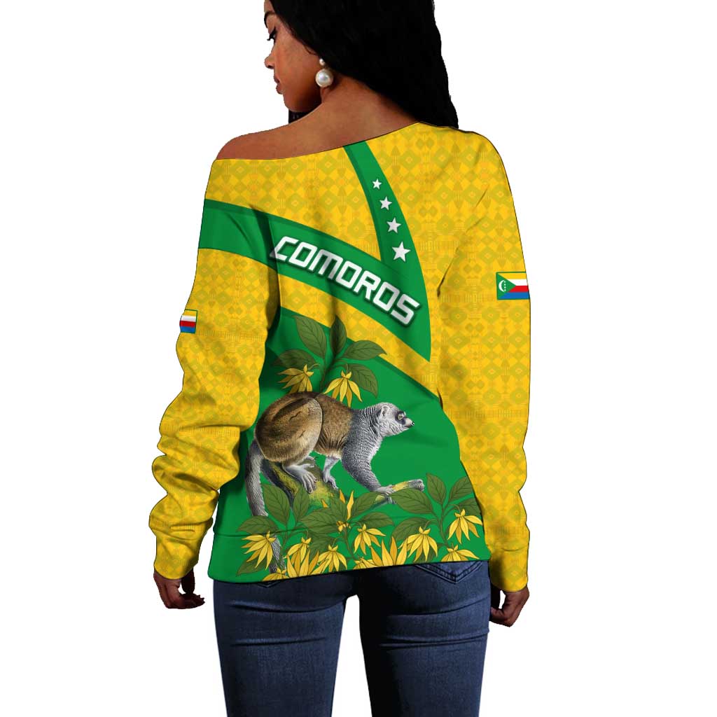 Comoros Off Shoulder Sweater - National Flag Lemur Design and Ylang Ylang Flower Pattern TS04