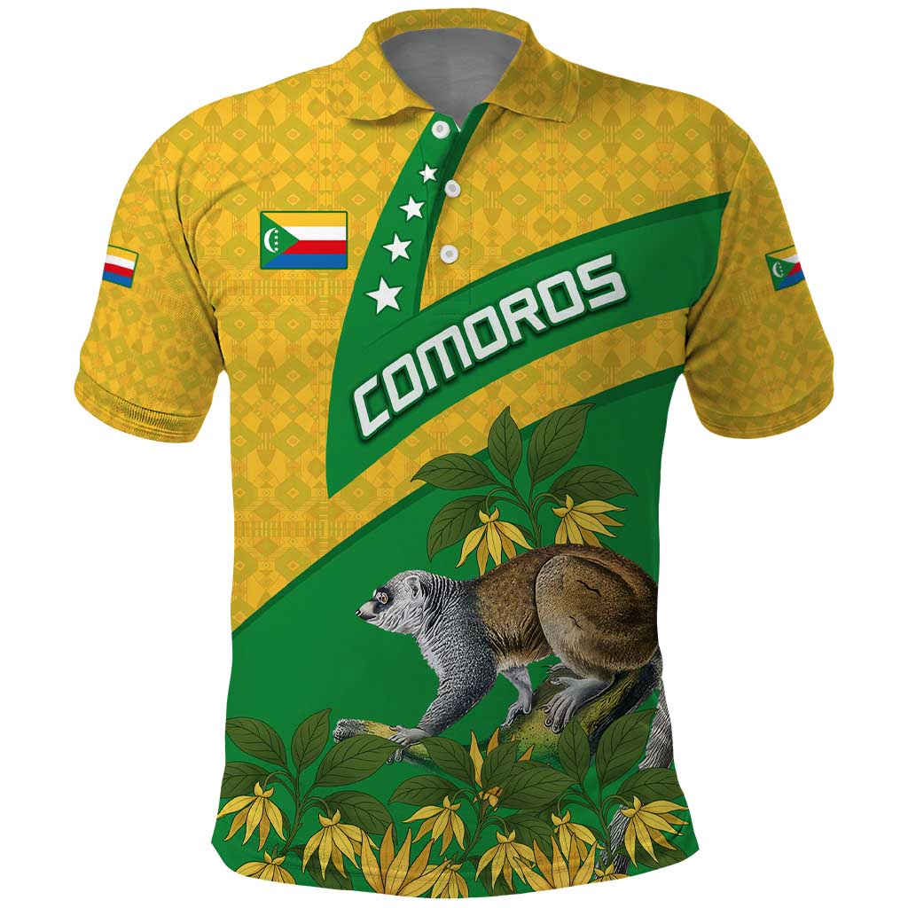 Comoros Polo Shirt with National Flag Lemur Design and Ylang Ylang Flower Pattern TS04