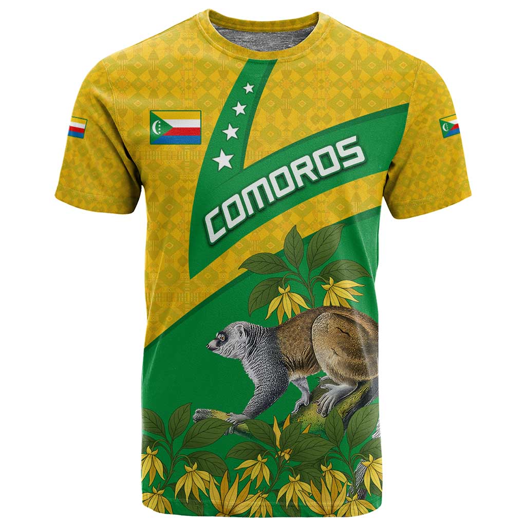 Comoros T shirt - National Flag Lemur Design and Ylang Ylang Flower Pattern TS04