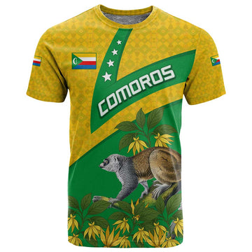 Comoros T shirt - National Flag Lemur Design and Ylang Ylang Flower Pattern TS04