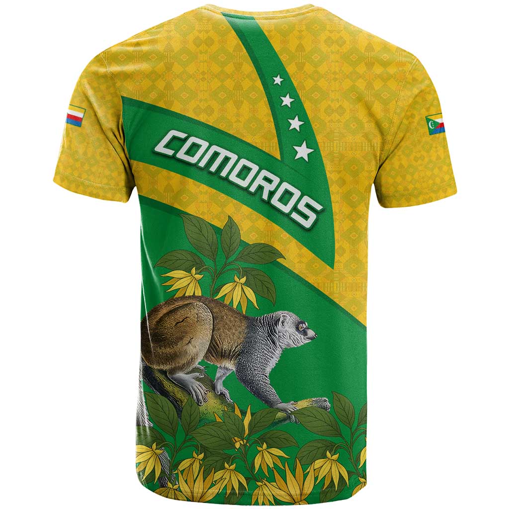 Comoros T shirt - National Flag Lemur Design and Ylang Ylang Flower Pattern TS04