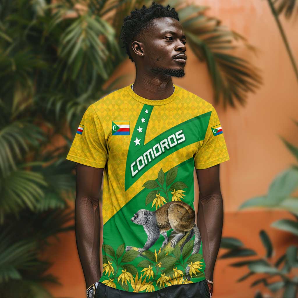 Comoros T shirt - National Flag Lemur Design and Ylang Ylang Flower Pattern TS04
