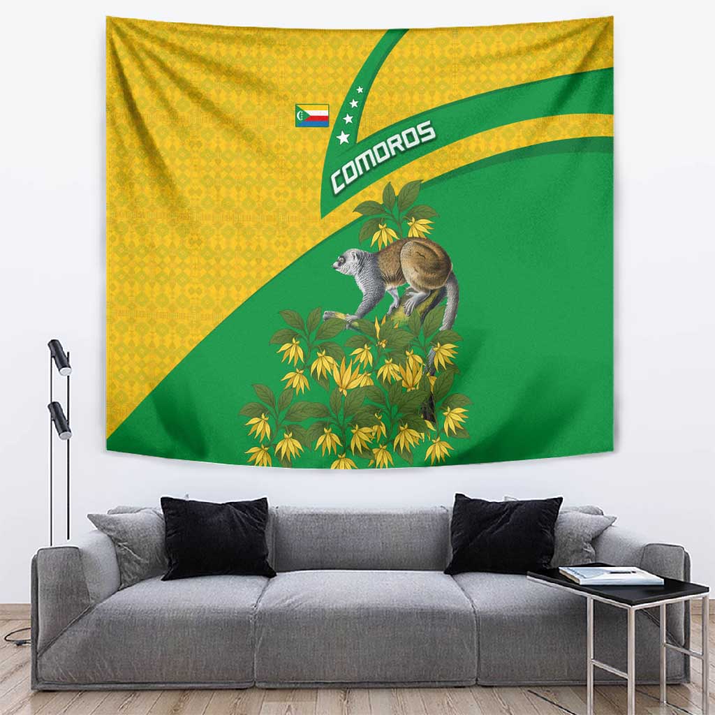 Comoros Tapestry - National Flag Lemur Design and Ylang Ylang Flower Pattern TS04