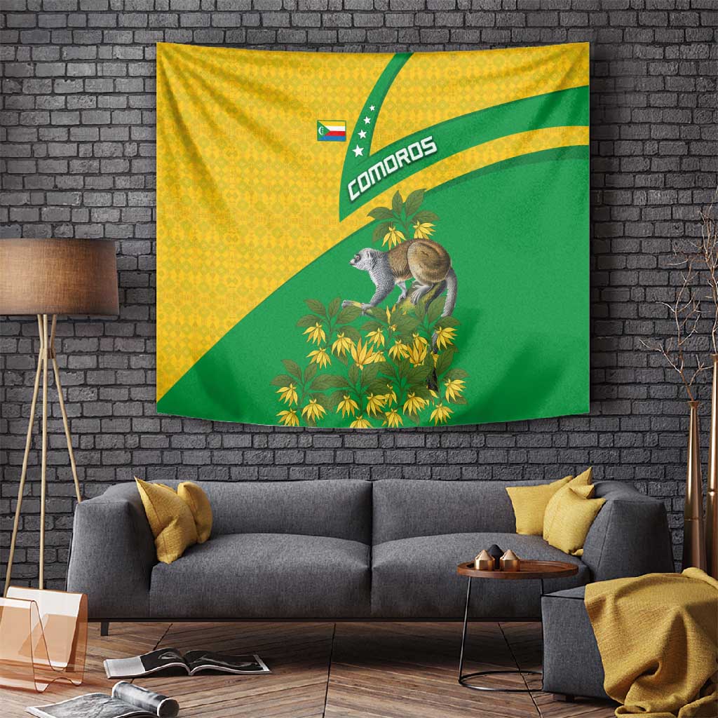Comoros Tapestry - National Flag Lemur Design and Ylang Ylang Flower Pattern TS04