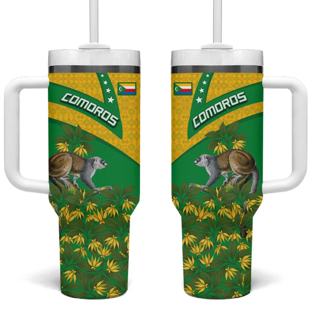 Comoros Tumbler With Handle - National Flag Lemur Design and Ylang Ylang Flower Pattern TS04