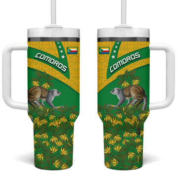 Comoros Tumbler With Handle - National Flag Lemur Design and Ylang Ylang Flower Pattern TS04