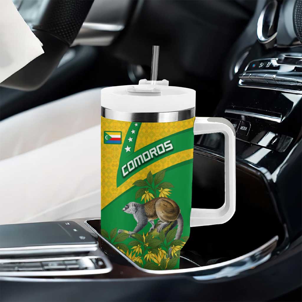 Comoros Tumbler With Handle - National Flag Lemur Design and Ylang Ylang Flower Pattern TS04