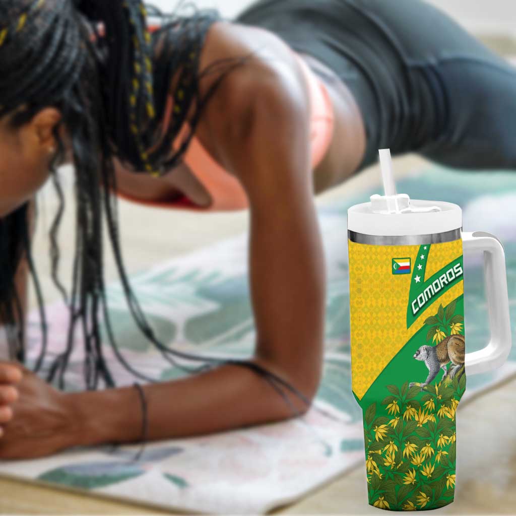 Comoros Tumbler With Handle - National Flag Lemur Design and Ylang Ylang Flower Pattern TS04