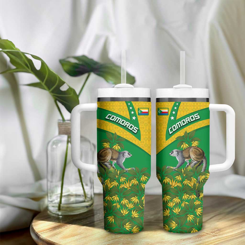 Comoros Tumbler With Handle - National Flag Lemur Design and Ylang Ylang Flower Pattern TS04