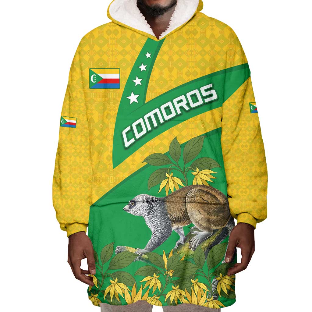 Comoros Wearable Blanket Hoodie - National Flag Lemur Design and Ylang Ylang Flower Pattern TS04