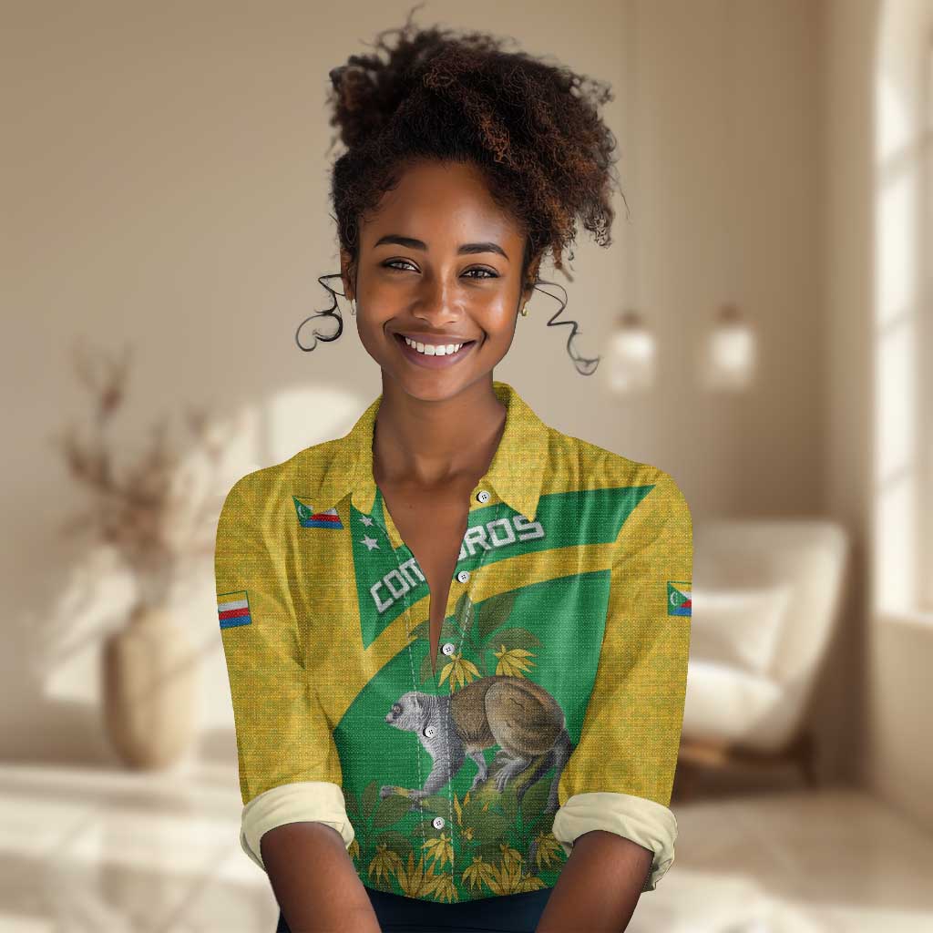 Comoros Women Casual Shirt - National Flag Lemur Design and Ylang Ylang Flower Pattern TS04