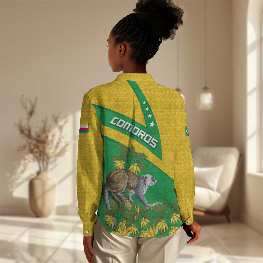 Comoros Women Casual Shirt - National Flag Lemur Design and Ylang Ylang Flower Pattern TS04