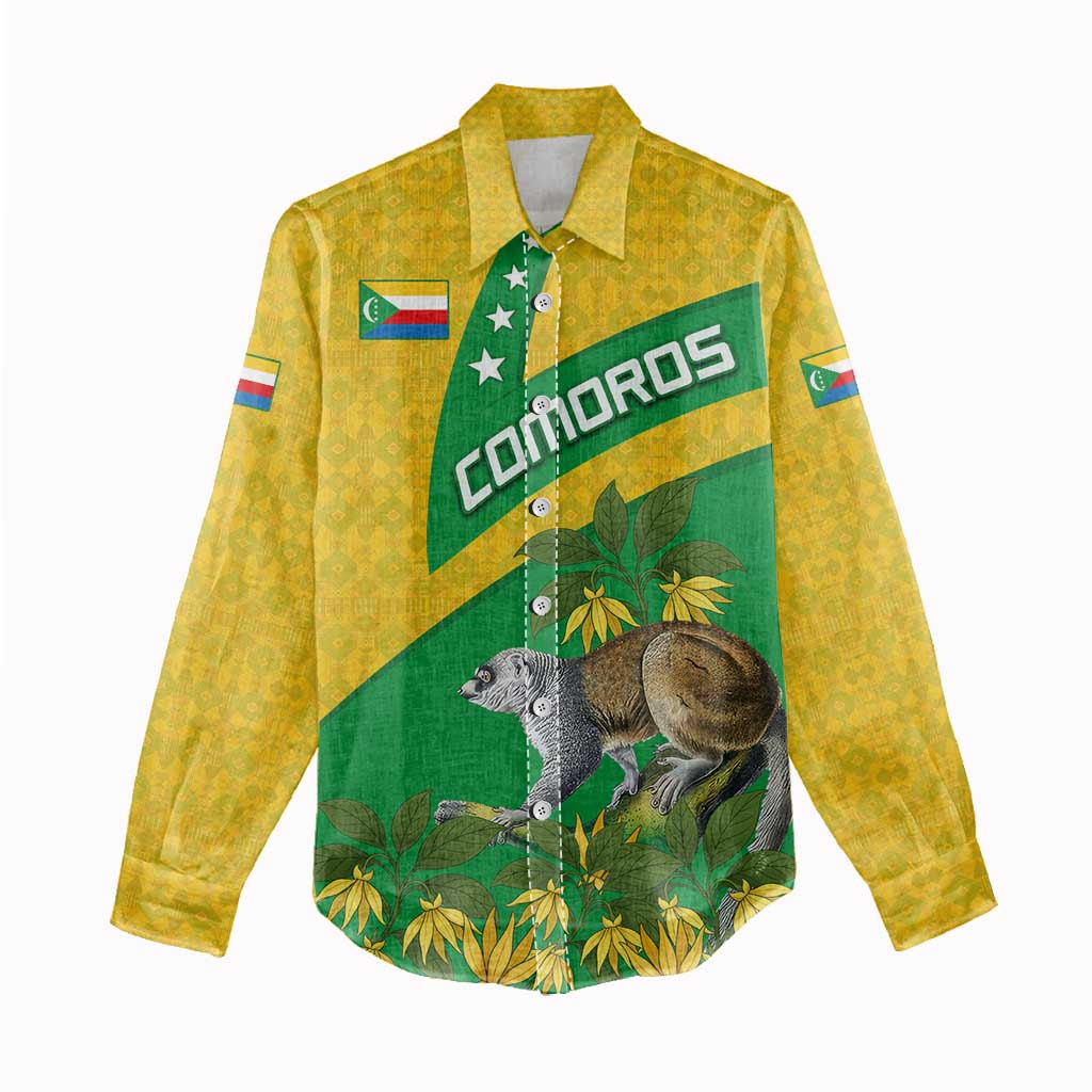 Comoros Women Casual Shirt - National Flag Lemur Design and Ylang Ylang Flower Pattern TS04