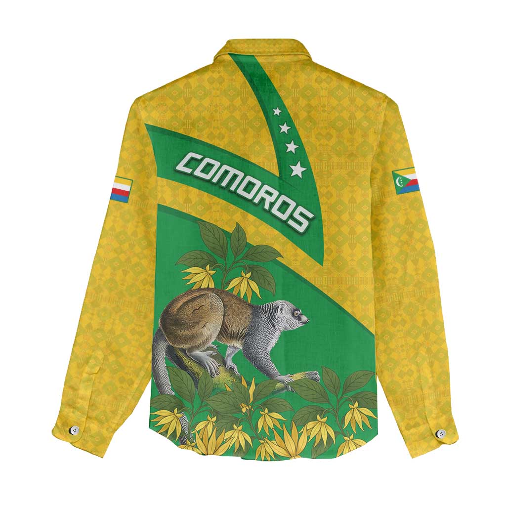 Comoros Women Casual Shirt - National Flag Lemur Design and Ylang Ylang Flower Pattern TS04