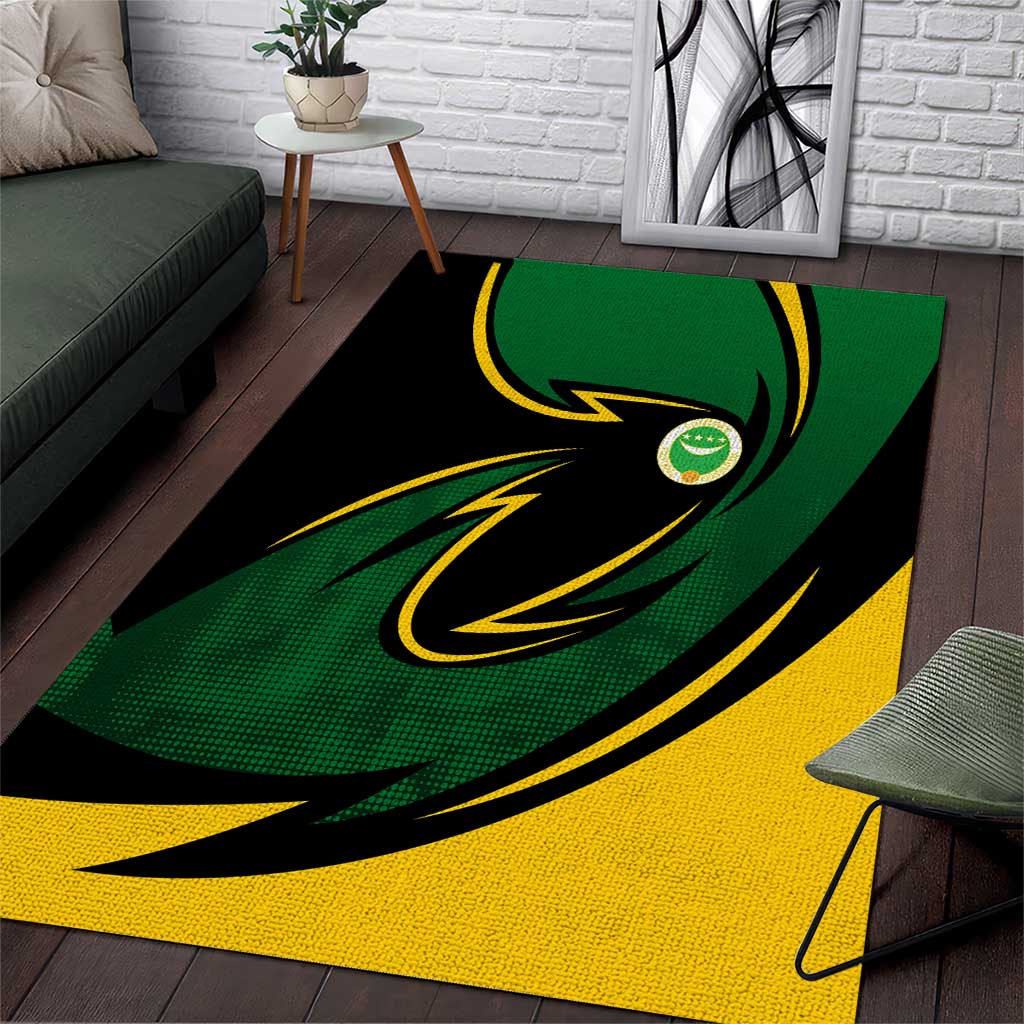 Comoros Area Rug - Green Black Yellow Swirl Design and National Emblem Pattern TS04