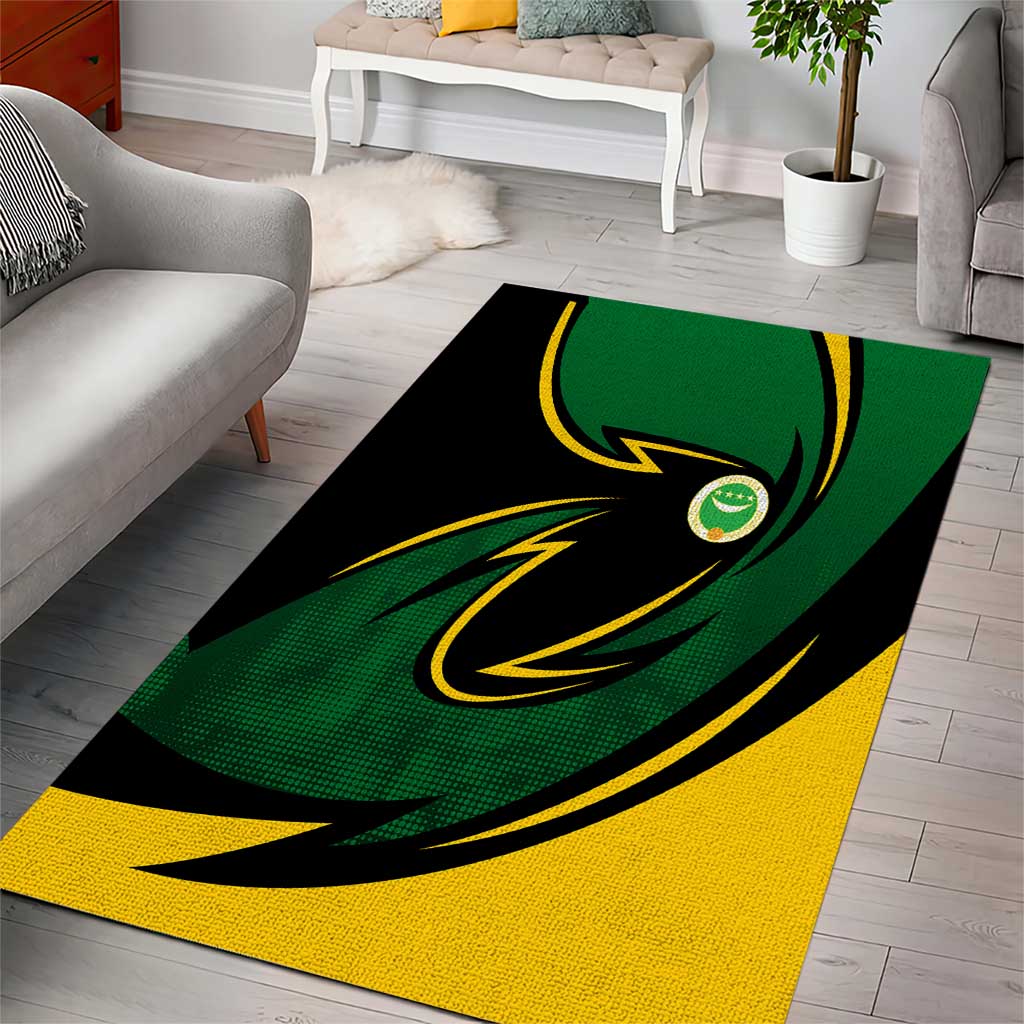 Comoros Area Rug - Green Black Yellow Swirl Design and National Emblem Pattern TS04