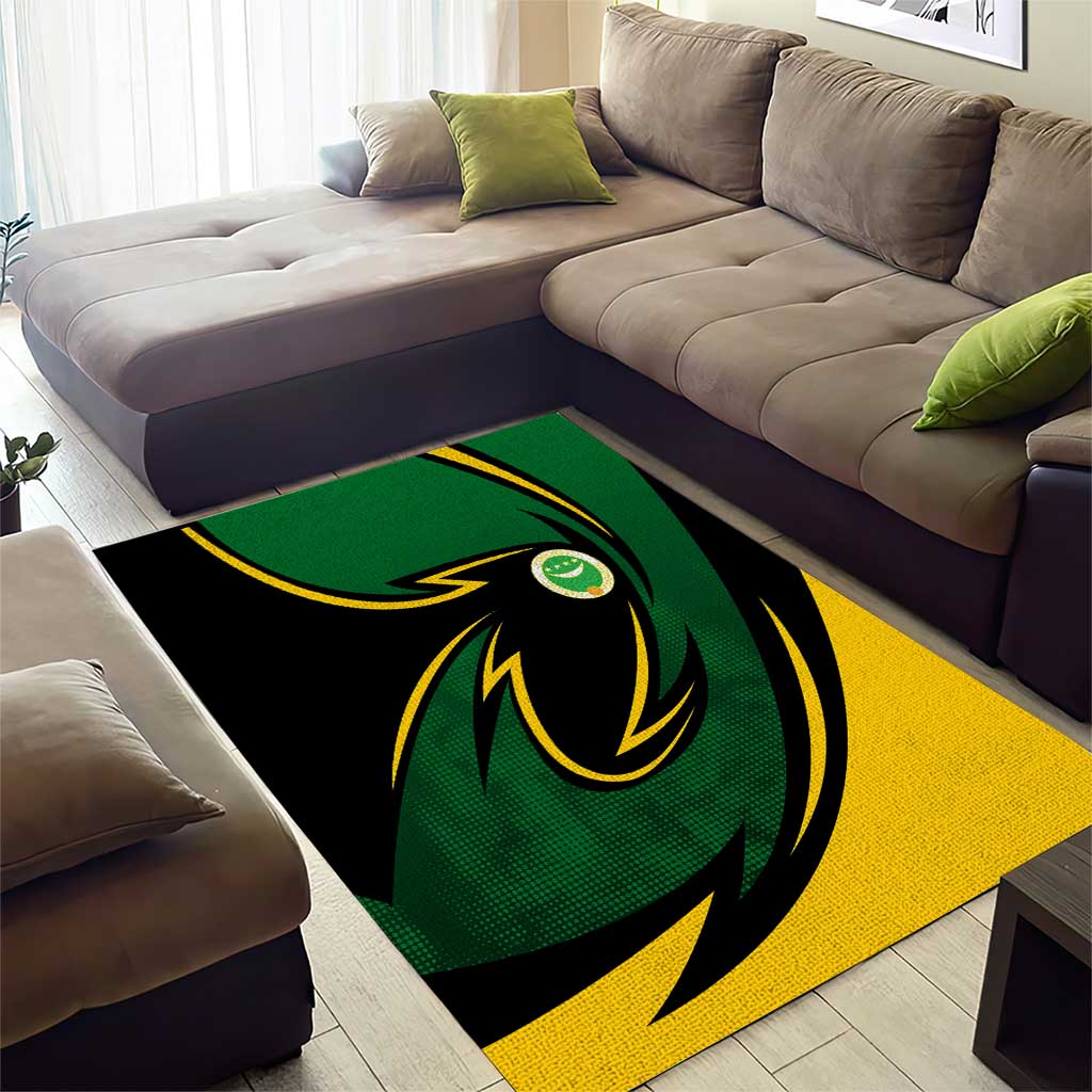 Comoros Area Rug - Green Black Yellow Swirl Design and National Emblem Pattern TS04