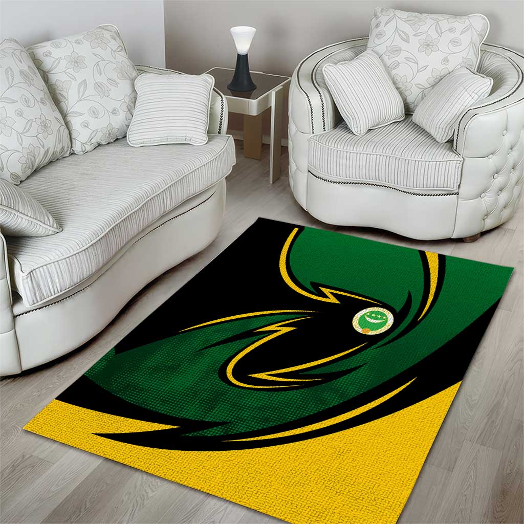 Comoros Area Rug - Green Black Yellow Swirl Design and National Emblem Pattern TS04