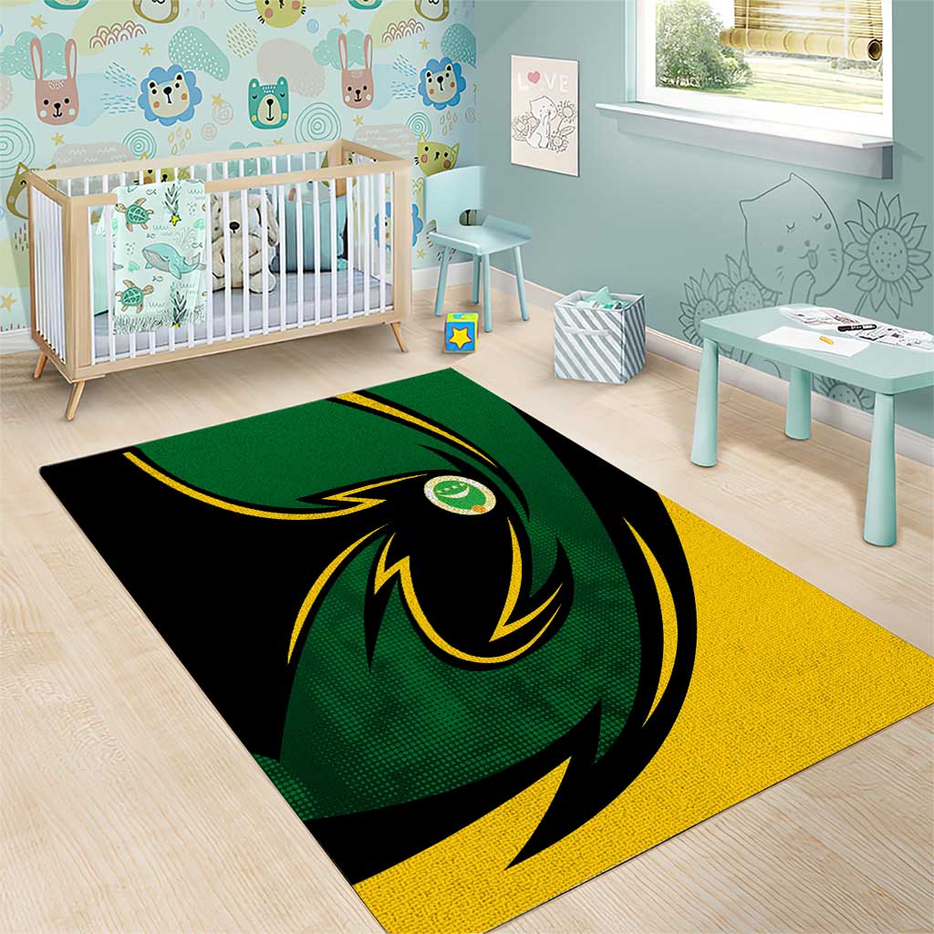 Comoros Area Rug - Green Black Yellow Swirl Design and National Emblem Pattern TS04