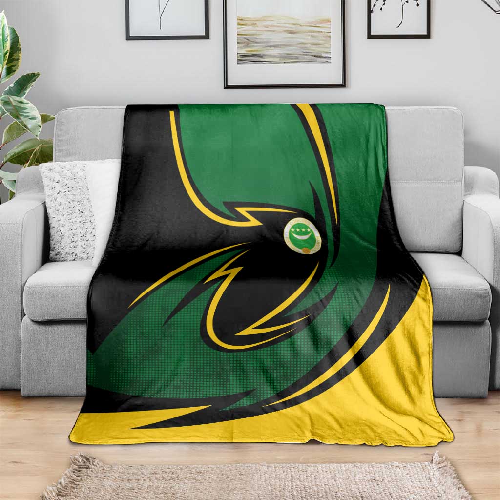 Comoros Blanket - Green Black Yellow Swirl Design and National Emblem Pattern TS04