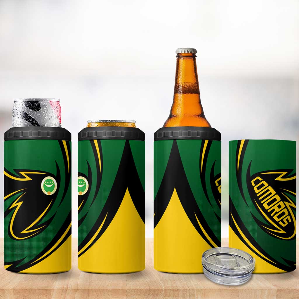 Comoros 4 in 1 Can Cooler Tumbler - Green Black Yellow Swirl Design and National Emblem Pattern TS04