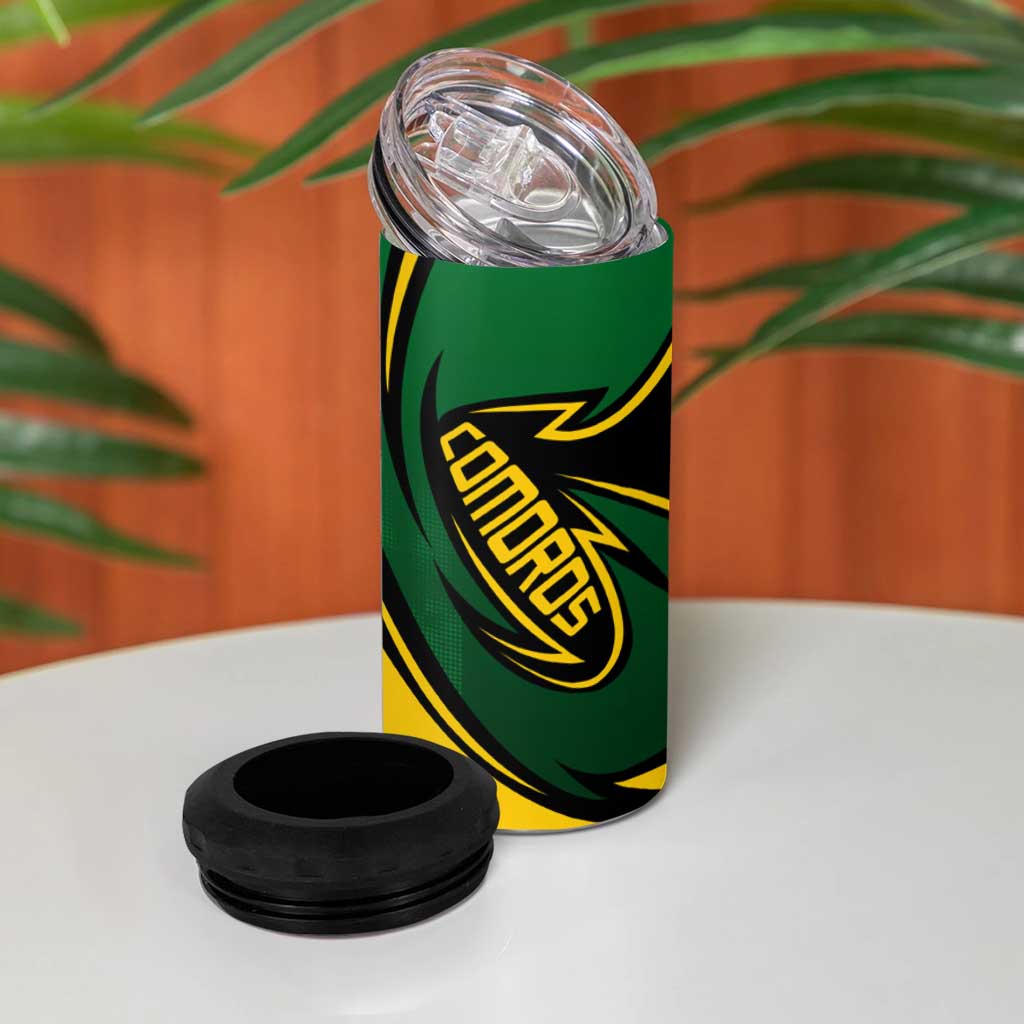 Comoros 4 in 1 Can Cooler Tumbler - Green Black Yellow Swirl Design and National Emblem Pattern TS04
