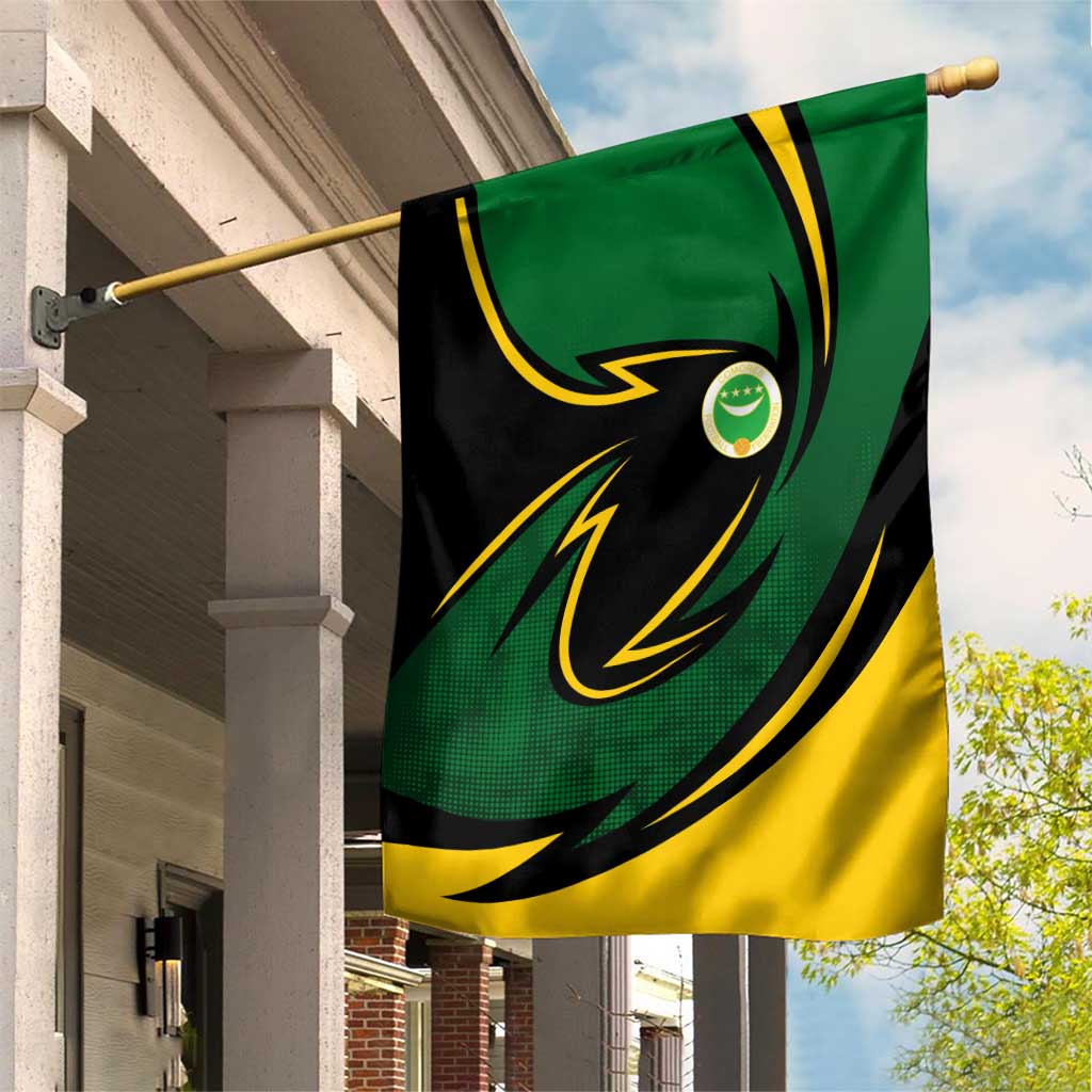 Comoros Garden Flag - Green Black Yellow Swirl Design and National Emblem Pattern TS04