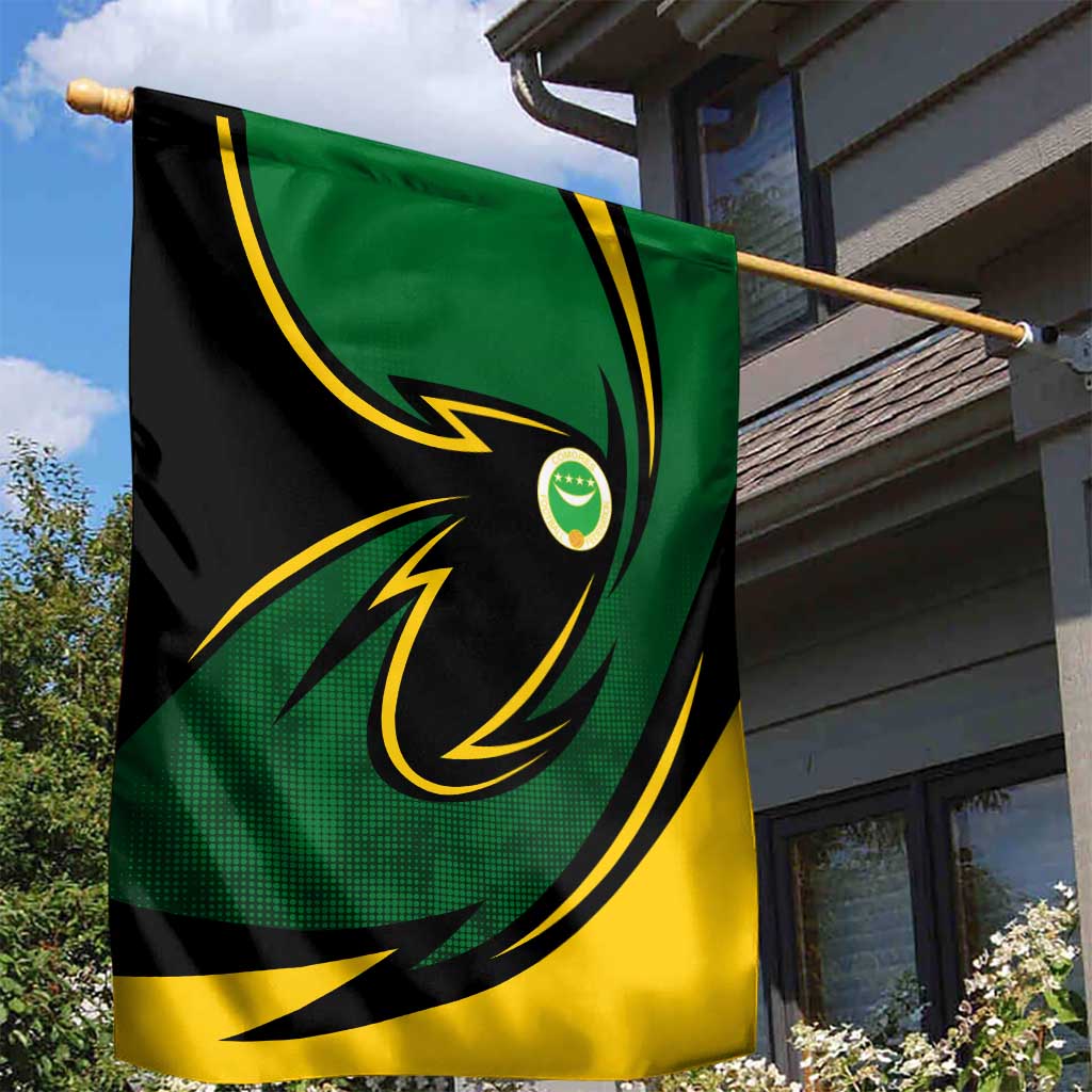 Comoros Garden Flag - Green Black Yellow Swirl Design and National Emblem Pattern TS04