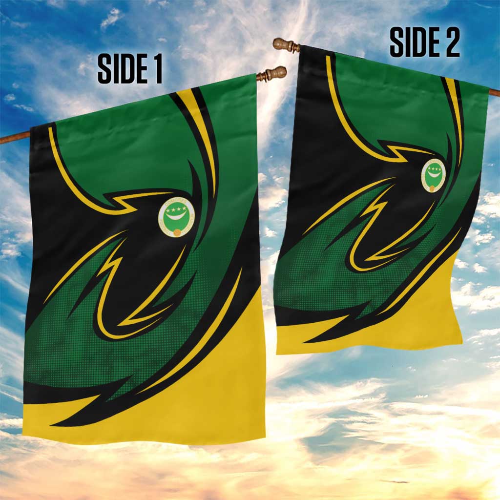Comoros Garden Flag - Green Black Yellow Swirl Design and National Emblem Pattern TS04