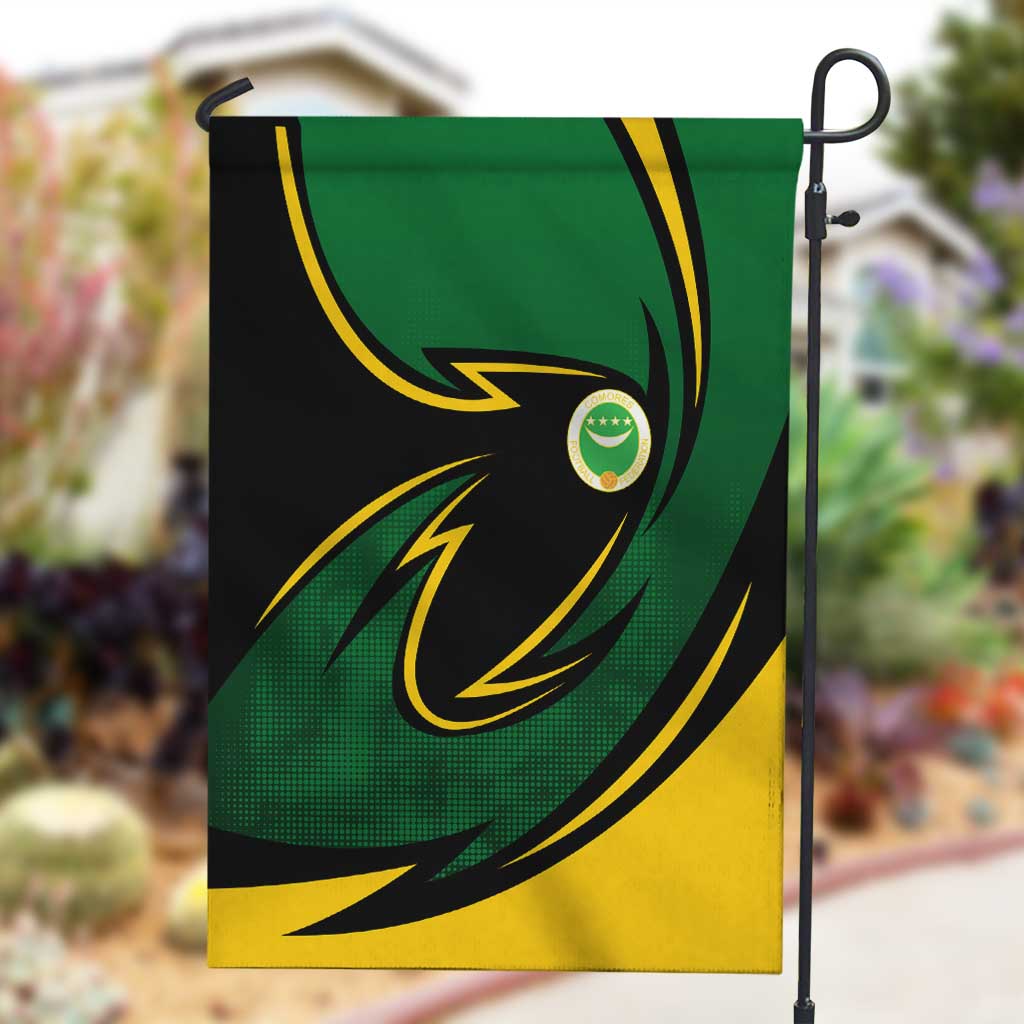 Comoros Garden Flag - Green Black Yellow Swirl Design and National Emblem Pattern TS04