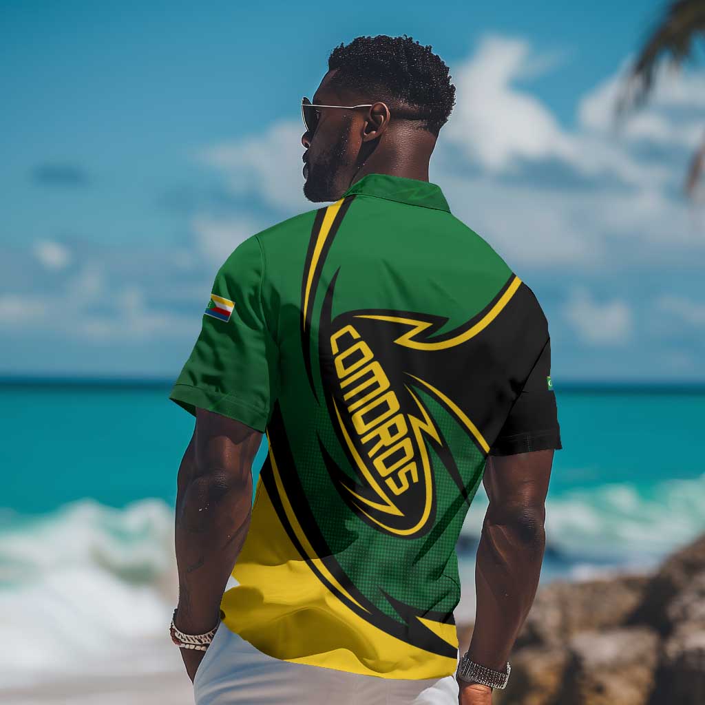 Comoros Hawaiian Shirt - Green Black Yellow Swirl Design and National Emblem Pattern TS04