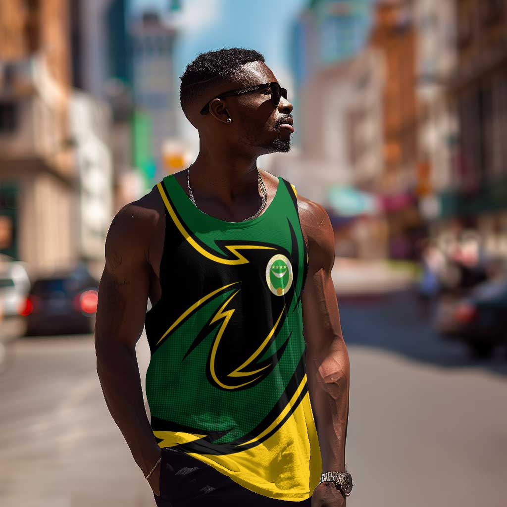 Comoros Men Tank Top - Green Black Yellow Swirl Design and National Emblem Pattern TS04