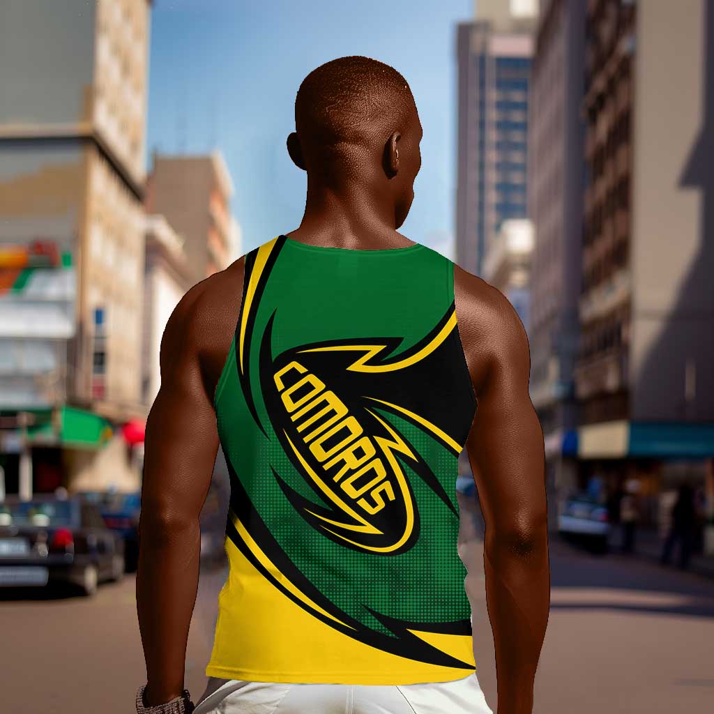Comoros Men Tank Top - Green Black Yellow Swirl Design and National Emblem Pattern TS04