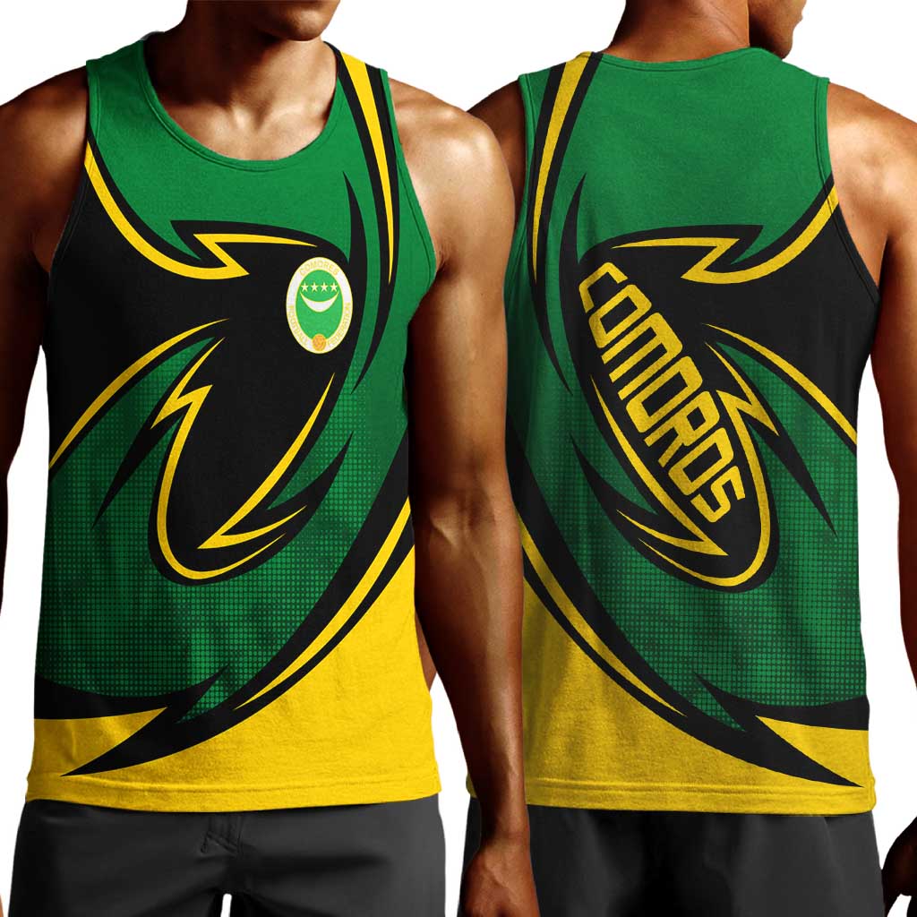 Comoros Men Tank Top - Green Black Yellow Swirl Design and National Emblem Pattern TS04