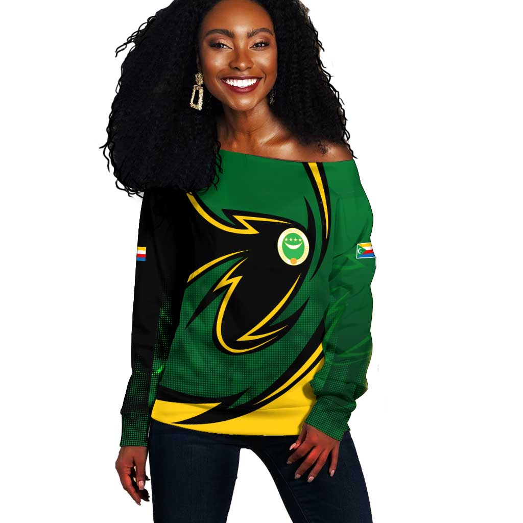 Comoros Off Shoulder Sweater - Green Black Yellow Swirl Design and National Emblem Pattern TS04