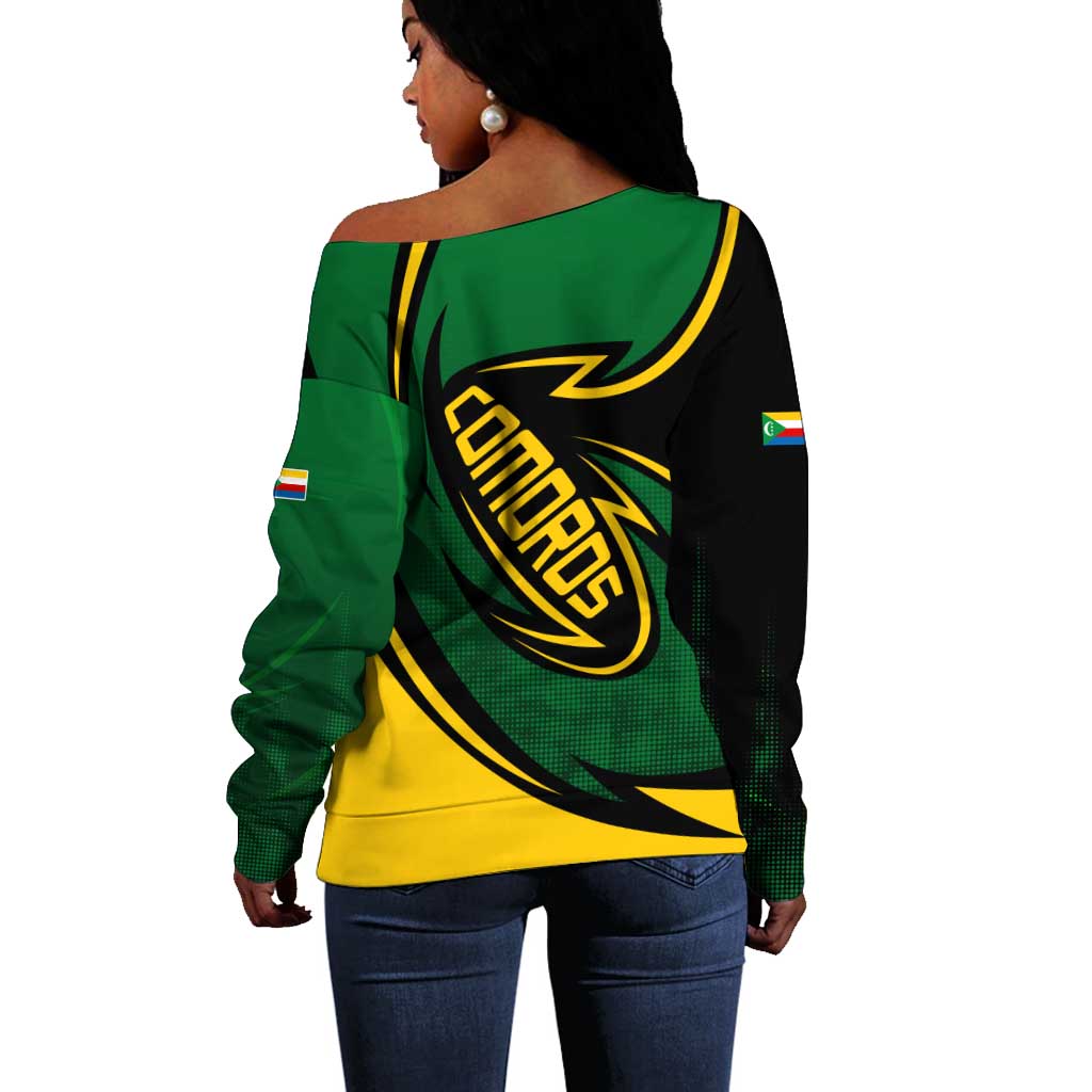 Comoros Off Shoulder Sweater - Green Black Yellow Swirl Design and National Emblem Pattern TS04