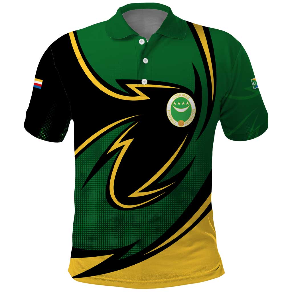 Comoros Polo Shirt with Green Black Yellow Swirl Design and National Emblem Pattern TS04