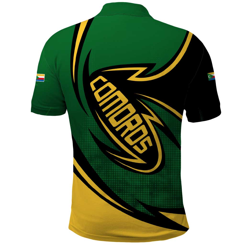 Comoros Polo Shirt with Green Black Yellow Swirl Design and National Emblem Pattern TS04