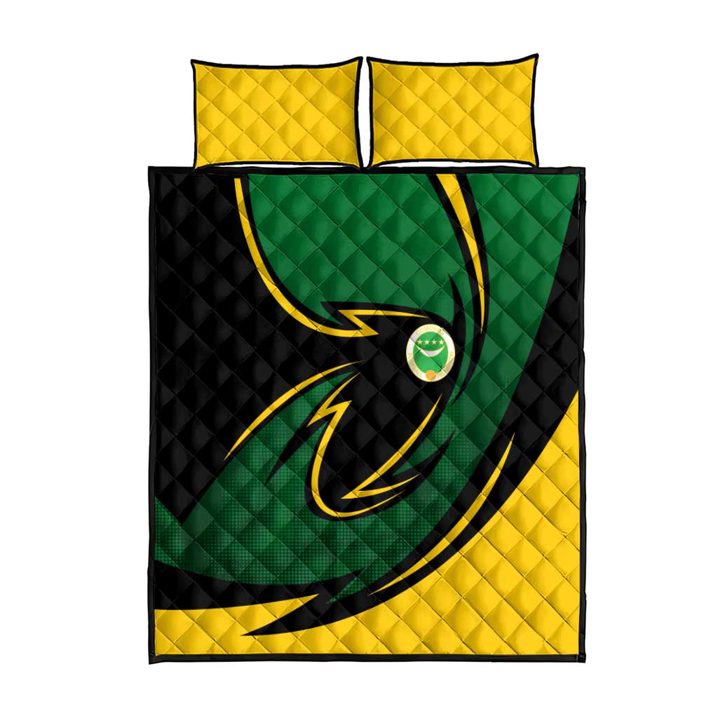 Comoros Quilt Bed Set - Green Black Yellow Swirl Design and National Emblem Pattern TS04