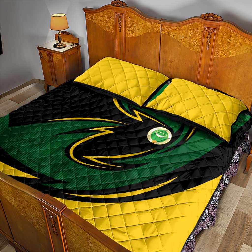 Comoros Quilt Bed Set - Green Black Yellow Swirl Design and National Emblem Pattern TS04