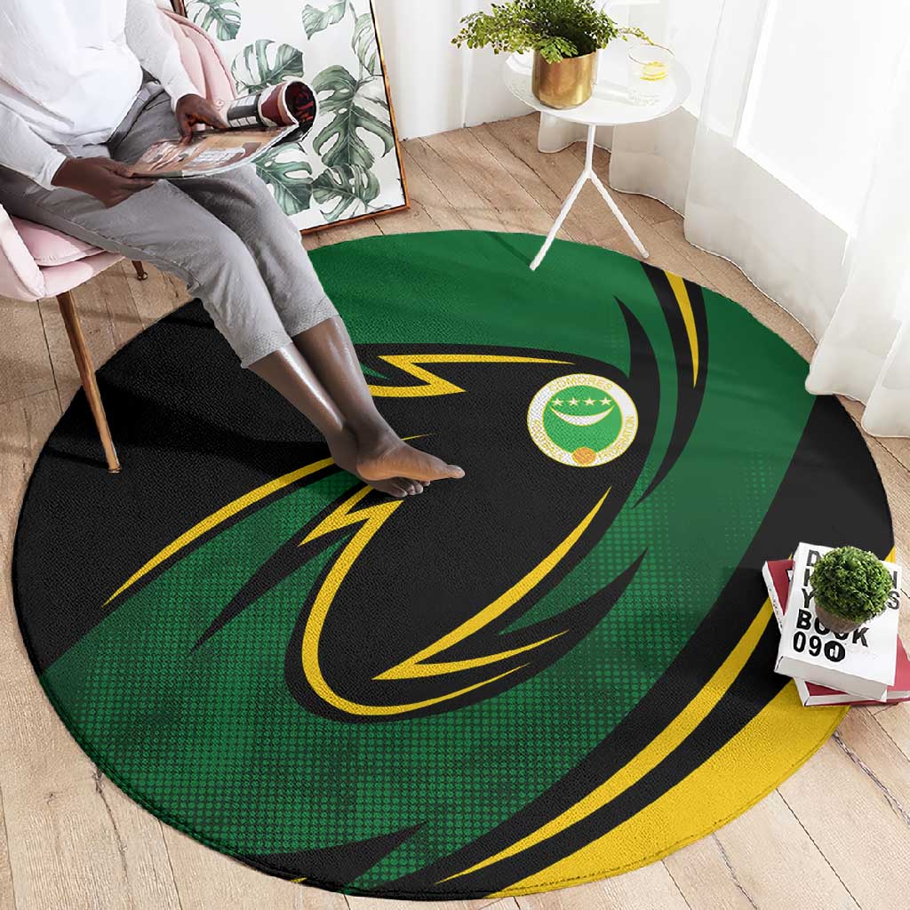 Comoros Round Carpet - Green Black Yellow Swirl Design and National Emblem Pattern TS04