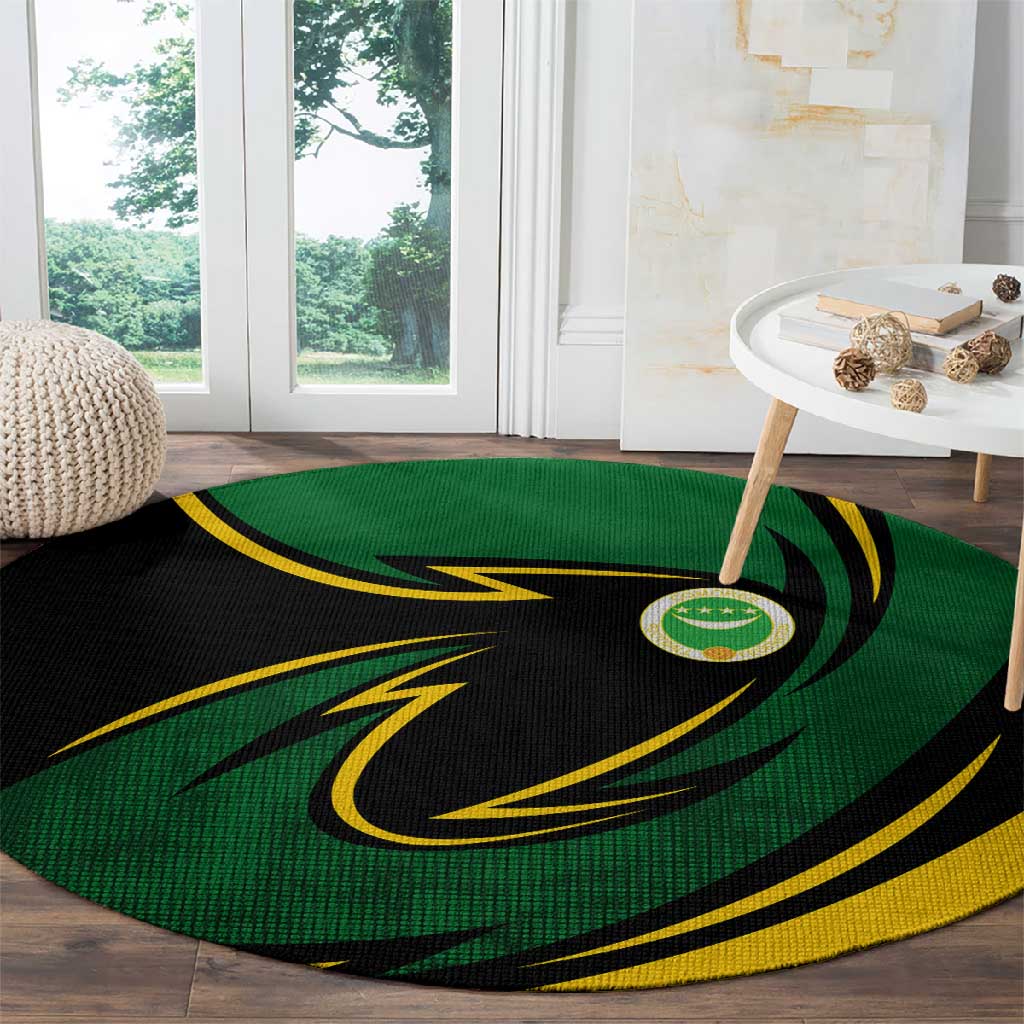 Comoros Round Carpet - Green Black Yellow Swirl Design and National Emblem Pattern TS04